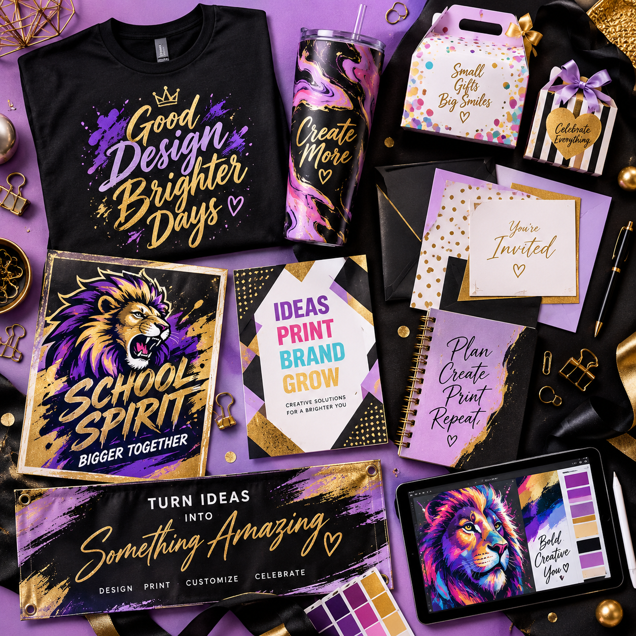 Colorful collection of custom shirts, tumblers, invitations, banners and graphic designs