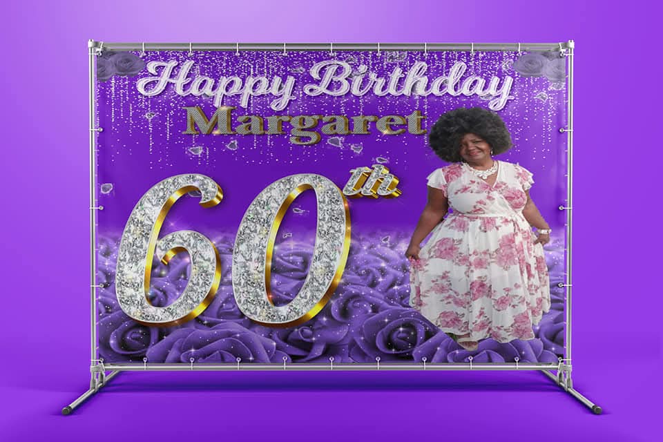 Purple and silver 60th birthday backdrop mockup