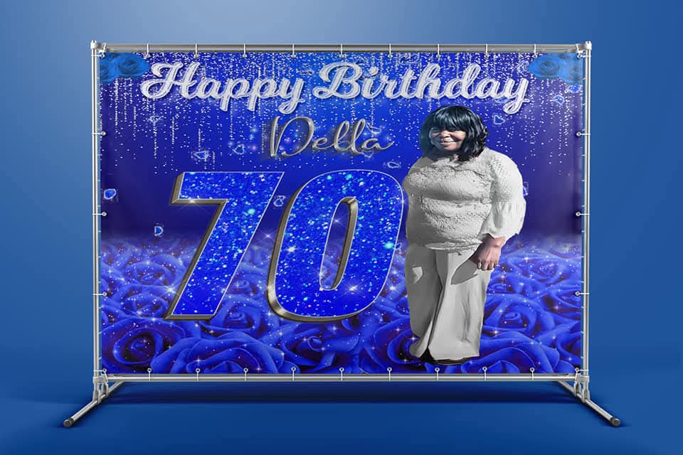 Royal blue 70th birthday backdrop mockup