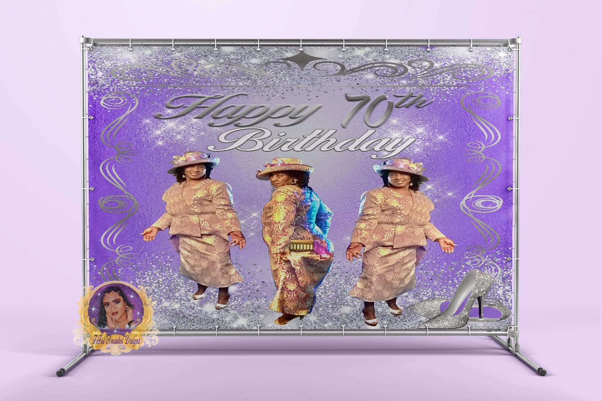 Lavender and silver 70th birthday backdrop mockup