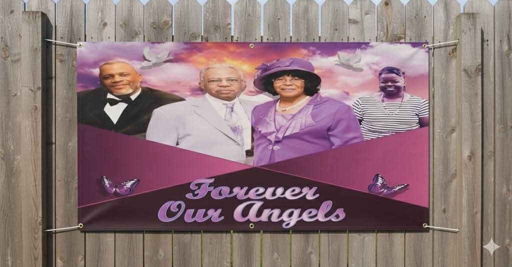 Purple memorial banner mockup with four portraits