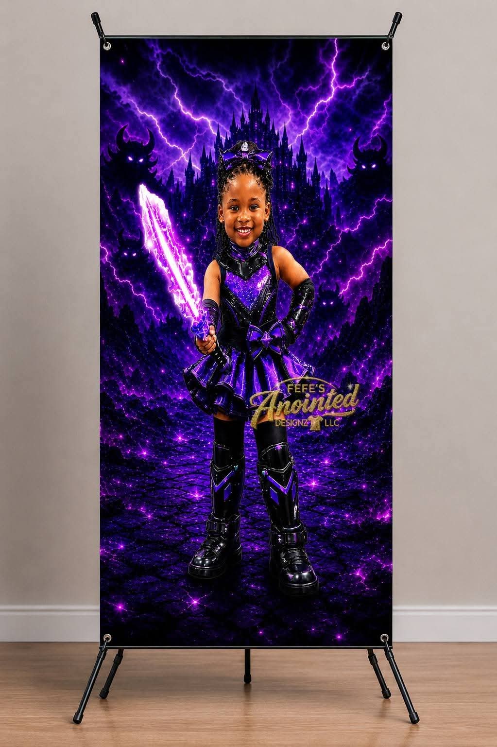Purple character portrait standing banner mockup