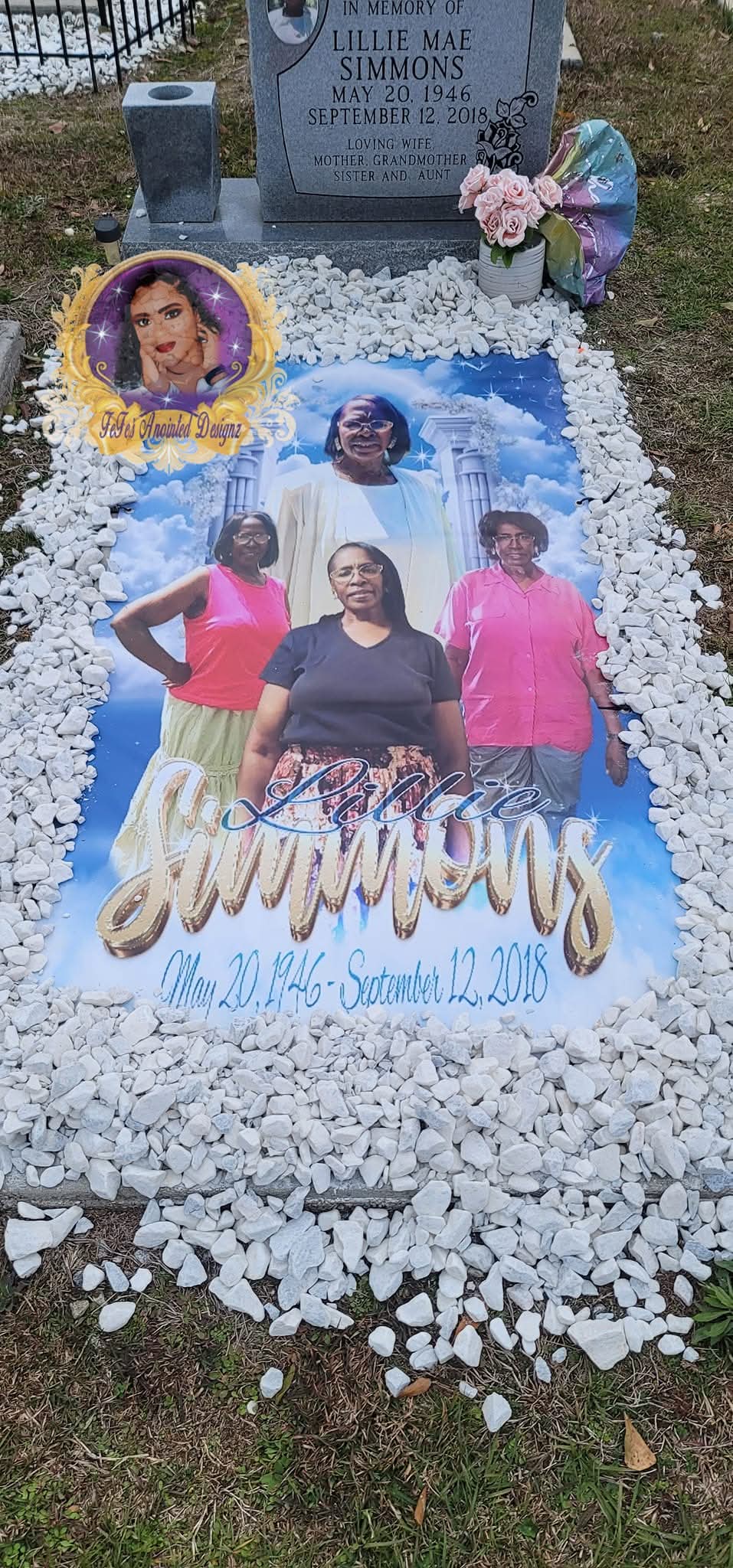 Blue memorial grave blanket with a portrait collage and white stone surround