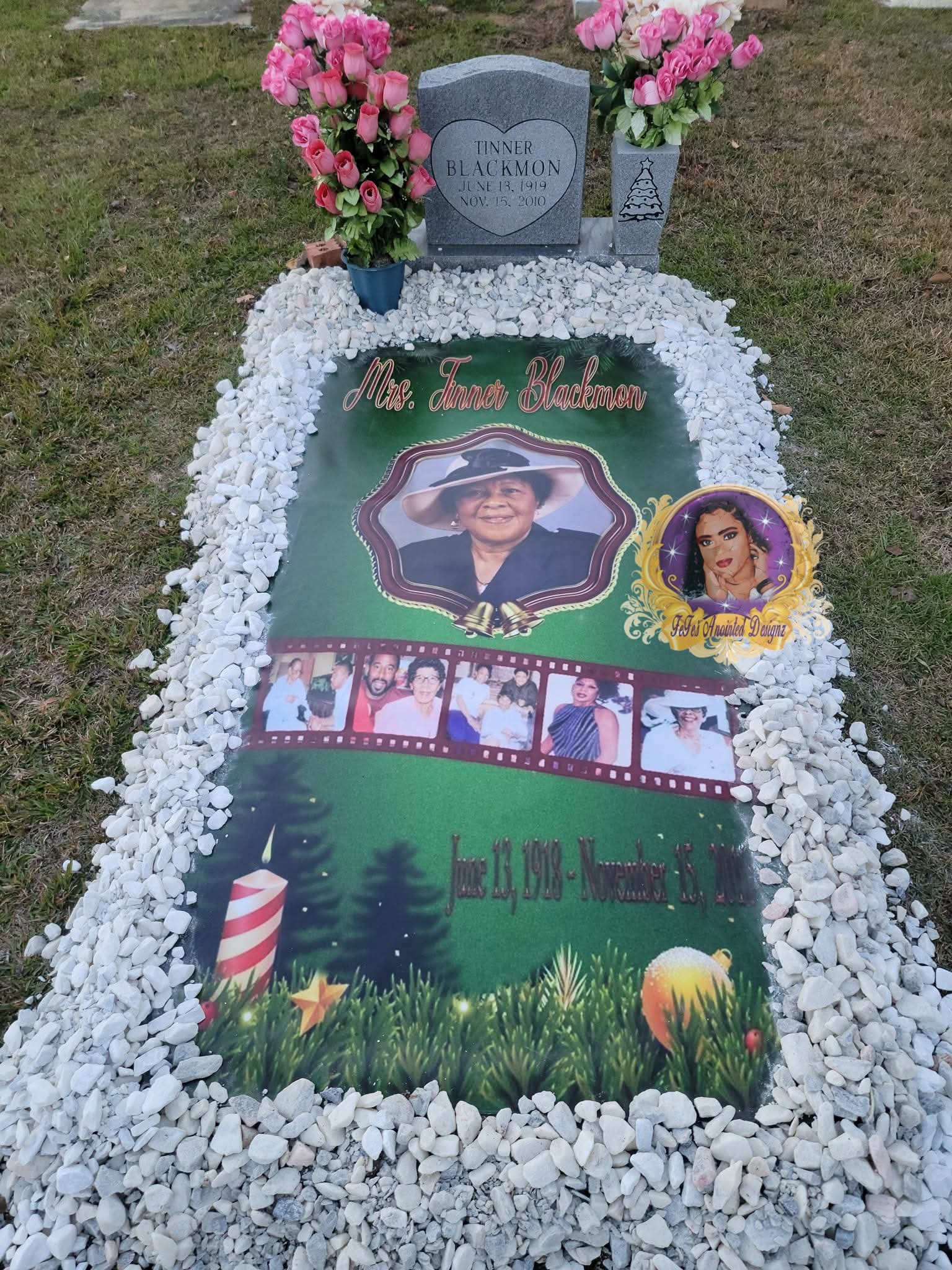 Green Christmas-themed memorial grave blanket with family photographs