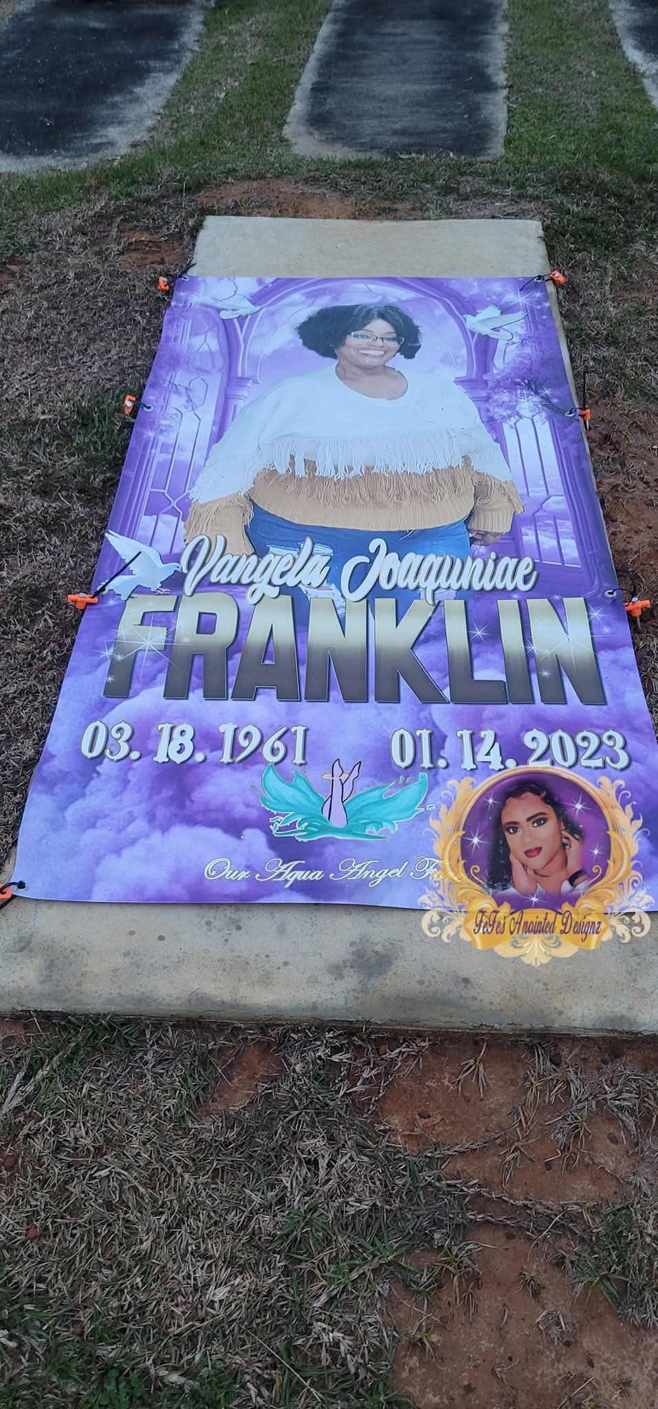 Purple memorial grave blanket with a portrait and doves