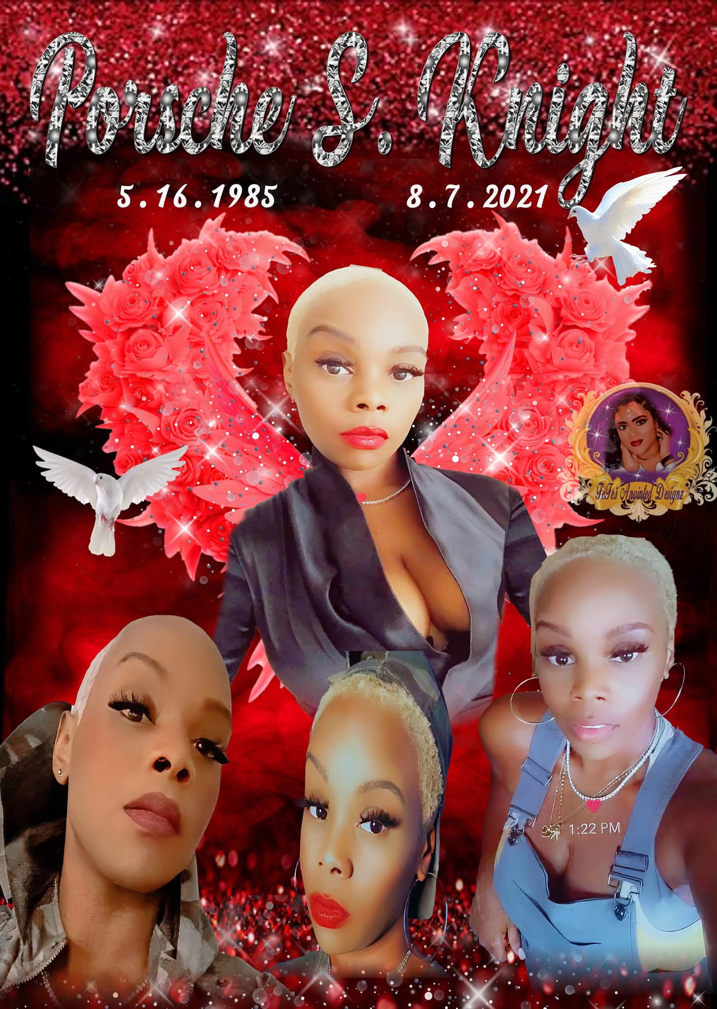 Red floral memorial grave blanket artwork with a portrait collage