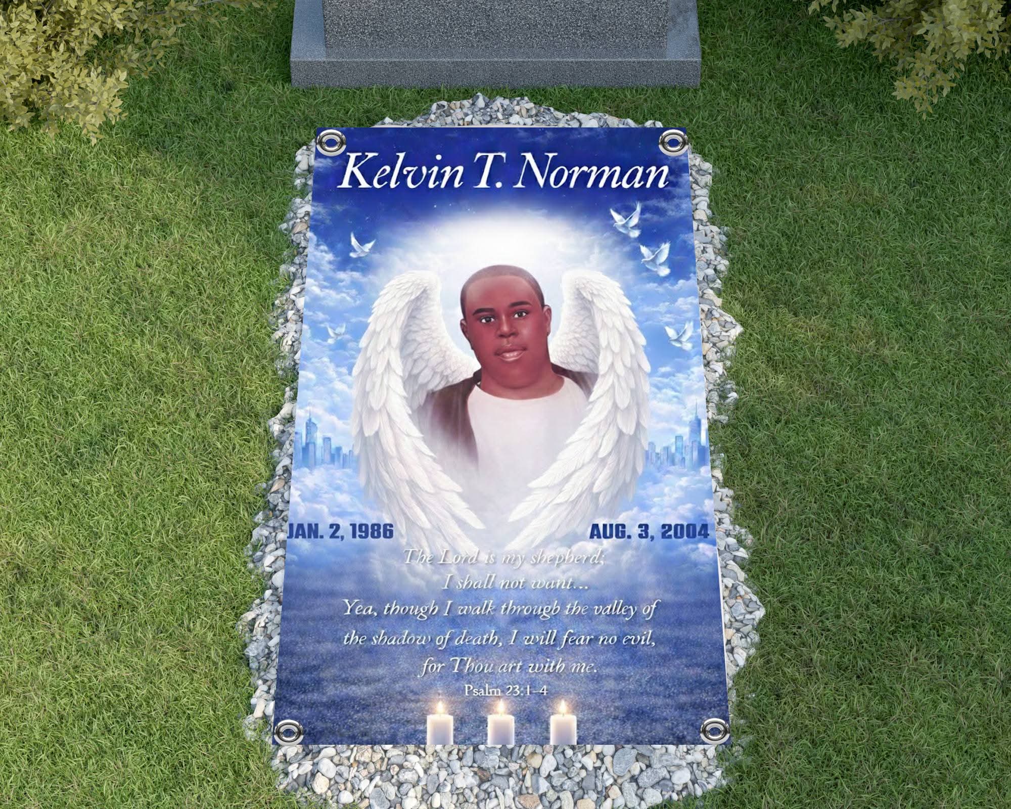 Blue memorial grave blanket with angel wings and scripture