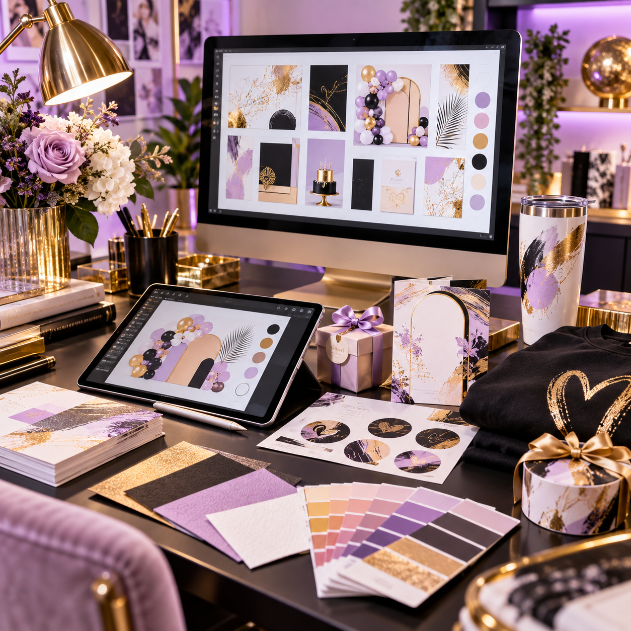 Elegant lavender, black and gold graphic design studio workspace