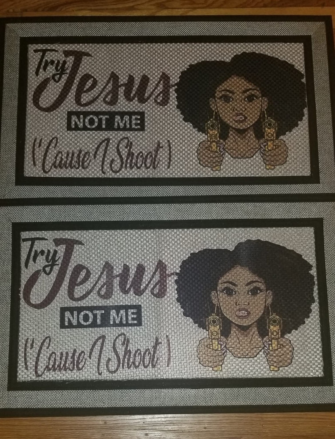 Two custom door mats with illustrated artwork and lettering